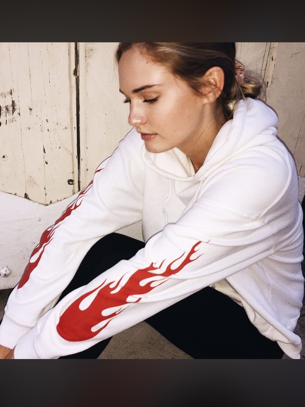 J.Galt Brandy Melville White Hoodie with Red Flame Sleeve Print - Women Tops